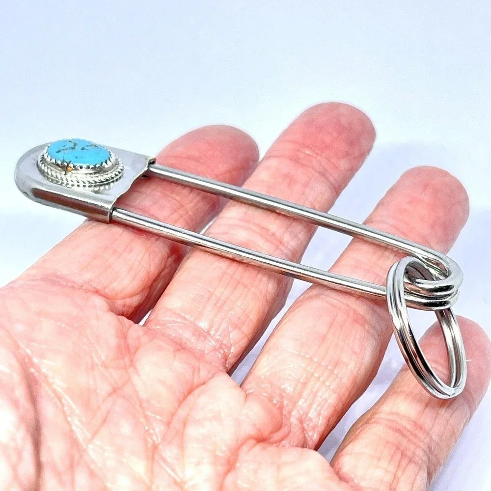 Giant‎ Safety Pin Keyring Turquoise Nugget Key Chain Tag 4in Navajo Mens Gift